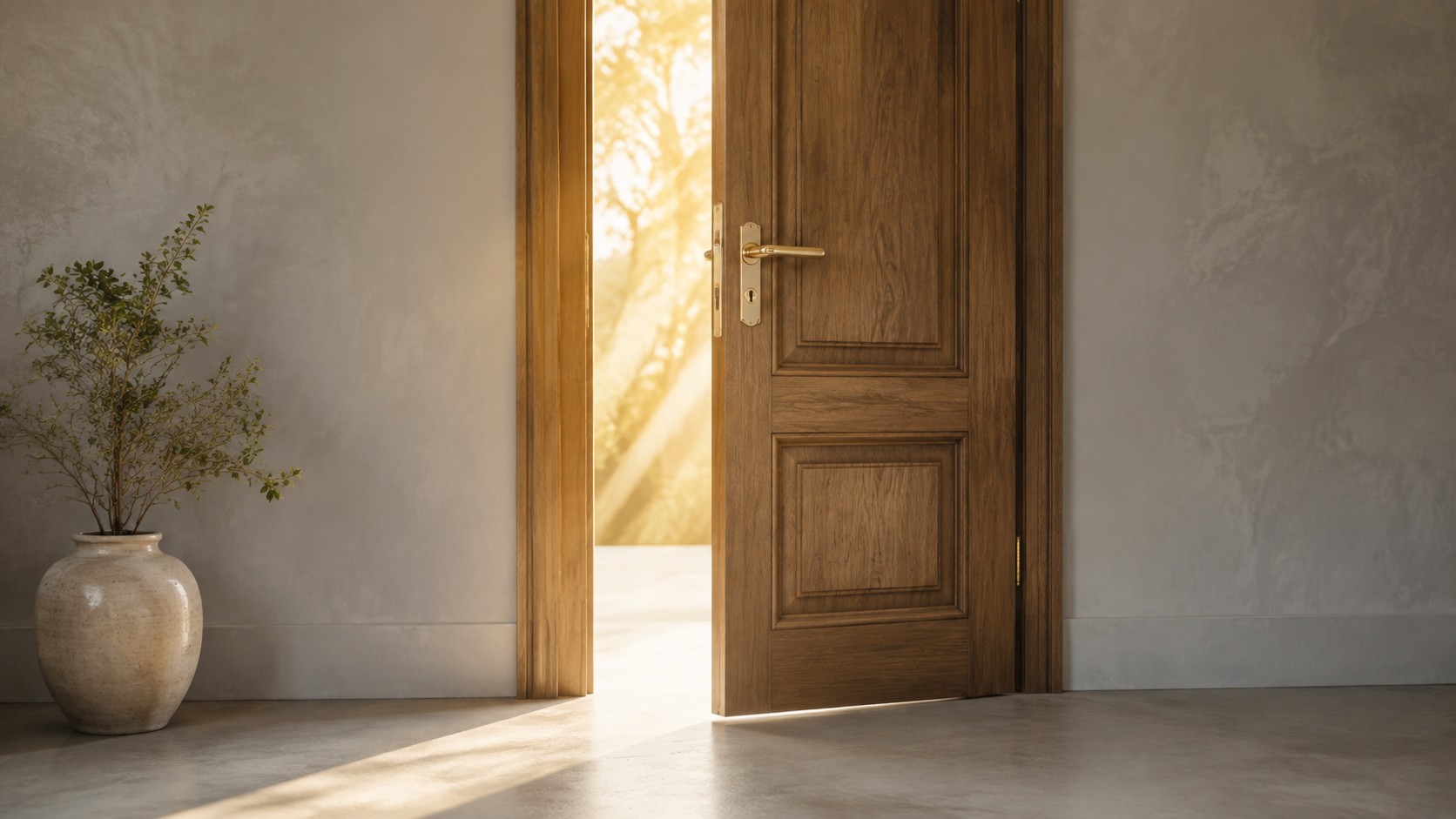 A wooden door opening into warm golden light